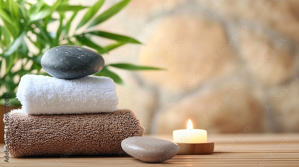 Poster Serene spa setting with stacked towels, smooth stones, and a lit candle, creating a relaxing and peaceful atmosphere. : Generative AI
