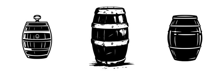 Black icon set of various barrel designs showcasing traditional craftsmanship and diverse shapes often used in storage or aging of liquids