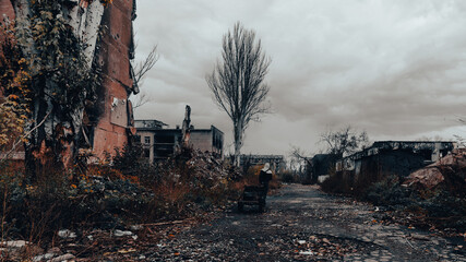 ruined street and destroyed houses in Ukraine