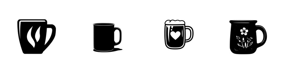 Black icon collection featuring various cup designs showcasing different styles and patterns suitable for any beverage type