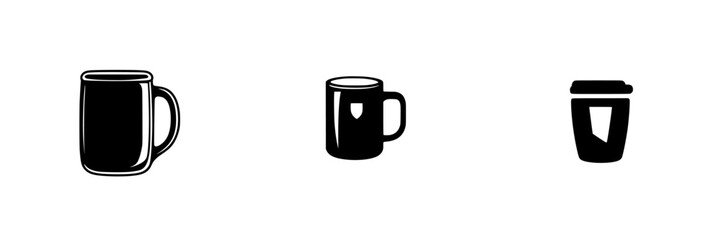 Flat black icons representing coffee mugs and takeaway cups suitable for various beverage-themed designs