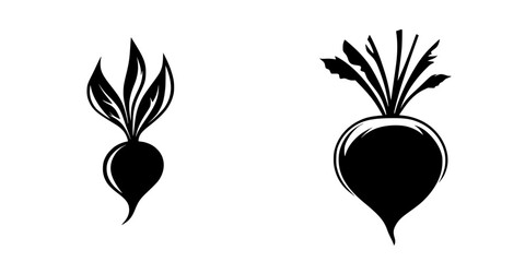 Black flat icon of a radish with leaves depicted in a simple and modern style for graphic design use
