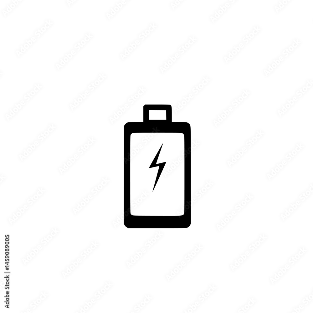 Poster flat black battery icon with lightning symbol representing low power and charging status for digital