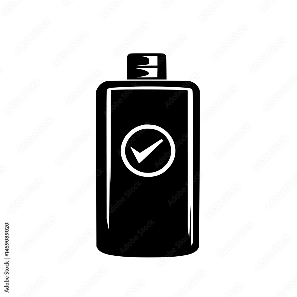 Poster black flat icon representing a bottle with a check mark symbol suitable for various applications and