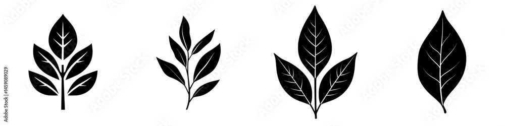 Poster flat black icons representing different types of leaves in a minimalistic style suitable for design 