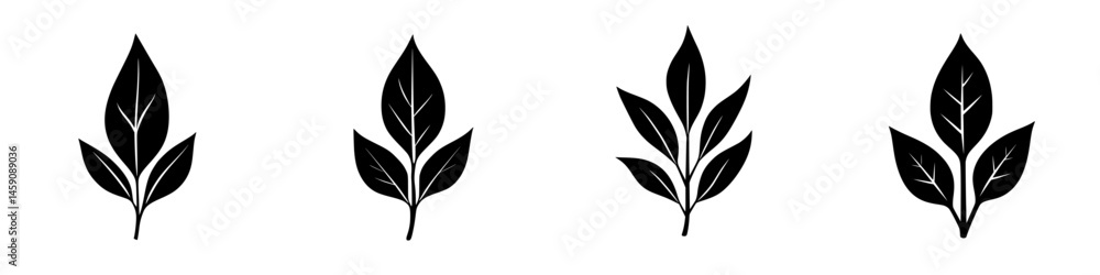 Poster flat black icons depicting various leaf shapes representing nature and botanical themes in a minimal