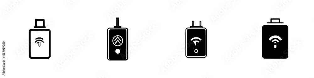 Poster flat black icons representing various wireless devices for connectivity and functionality displayed 