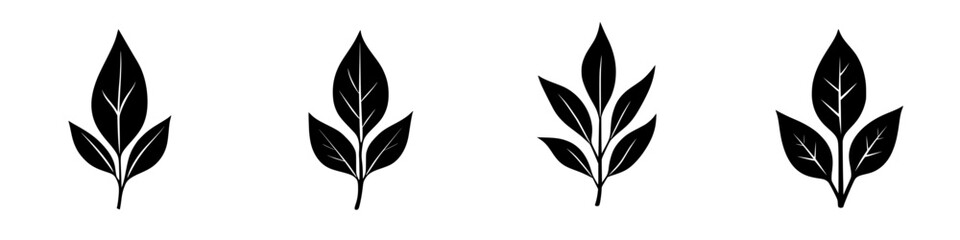 Flat black icons depicting various leaf shapes representing nature and botanical themes in a minimalist style