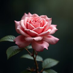 A single pink rose with green leaves on a stem