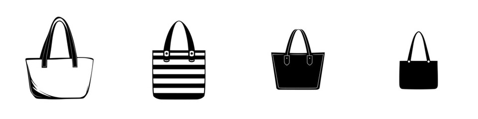Stylish collection of flat black tote bag icons with various designs and shapes for digital use