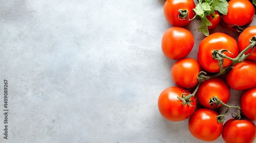 Aufkleber A cluster of ripe red tomatoes on the vine rests on a light gray textured surface, creating a vibrant and appetizing image perfect for culinary or food-related projects. : Generative AI