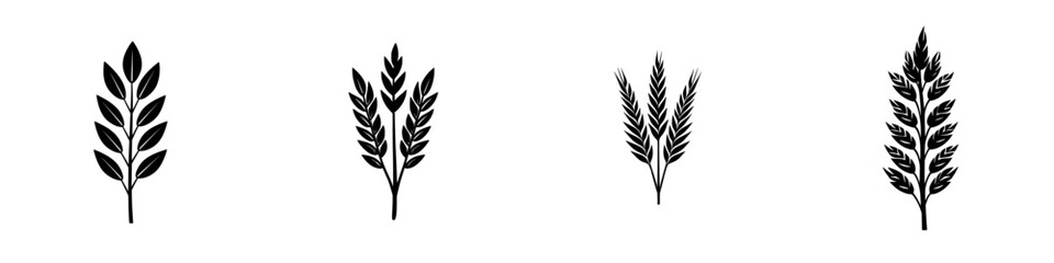 Flat black icon set depicting various types of leaves arranged in a simple and elegant design