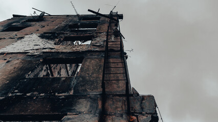 ruined street and destroyed houses in Ukraine