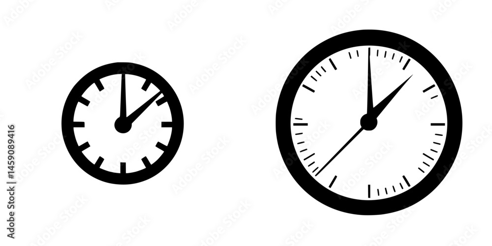 Poster flat black icons of two clocks showing different times