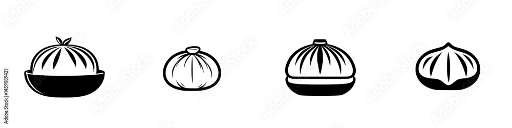 Poster various flat black dumpling icons showcasing different styles and shapes suitable for a culinary des