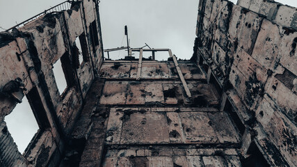 ruined street and destroyed houses in Ukraine