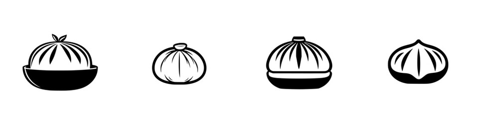 Various flat black dumpling icons showcasing different styles and shapes suitable for a culinary design project