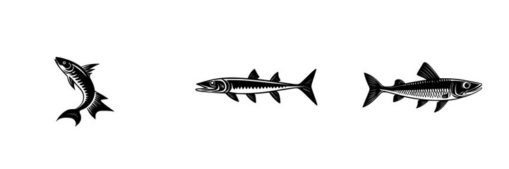 Black flat icon depicting various fish designs in a minimalistic style showcasing marine life themes