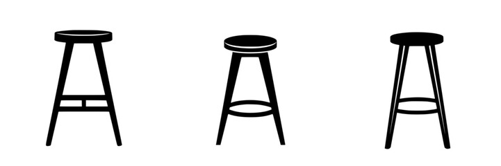 Flat black icons of three different stool designs showcasing varying heights and shapes suitable for diverse interior themes
