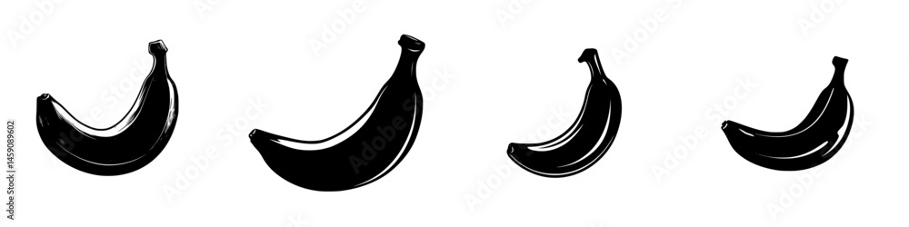 Poster collection of flat black banana icons depicting various sizes and shapes in simple design