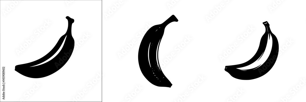 Poster black flat icon of a banana showcasing three different orientations with a minimalistic design style