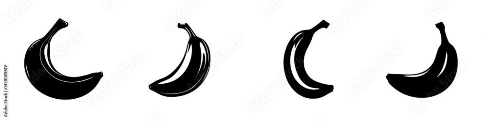 Poster flat black icons depicting bananas in various orientations showcasing minimalist design and fruit re