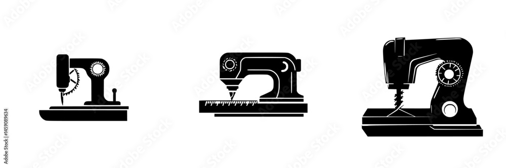 Poster flat black icons representing various types of sewing machines showcasing their design and function 