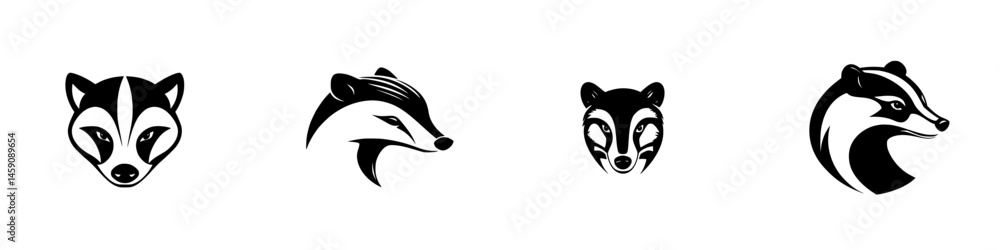 Poster stylized black icons of various badger faces showing different expressions and designs in a minimali