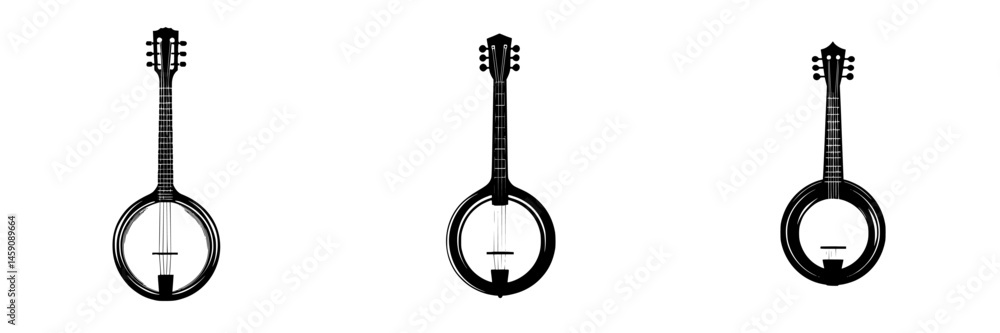 Poster stylized flat black icons of unique string instruments designed for creative applications