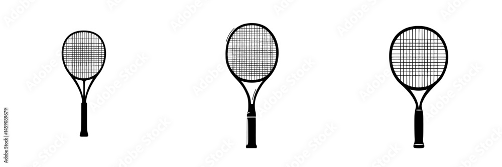 Poster flat black tennis racket icons arranged in a row showcasing simple design and outline style for spor
