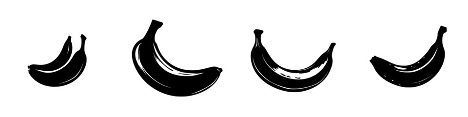 Multiple flat black banana icons showcasing diverse shapes and sizes for graphic design purposes