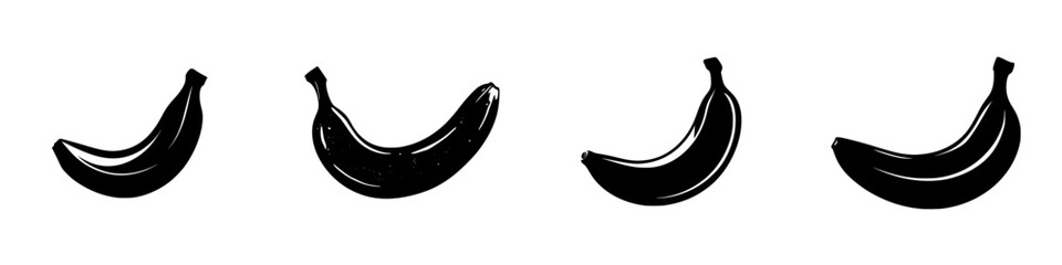 Flat black icons of bananas arranged in a row showcasing different curves and shapes for design purposes