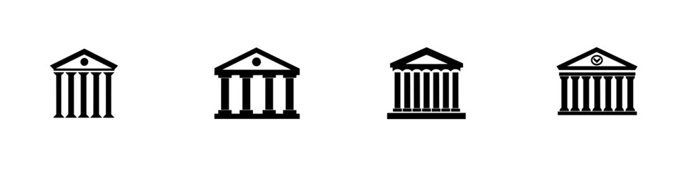 Multiple flat black icons representing classical architecture and governmental buildings in a simple design