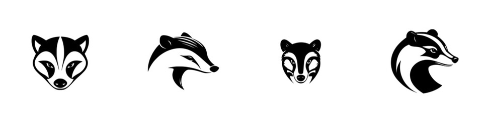 Fototapeta premium Stylized black icons of various badger faces showing different expressions and designs in a minimalist style