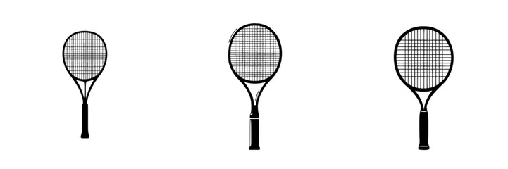 Flat black tennis racket icons arranged in a row showcasing simple design and outline style for sports graphics