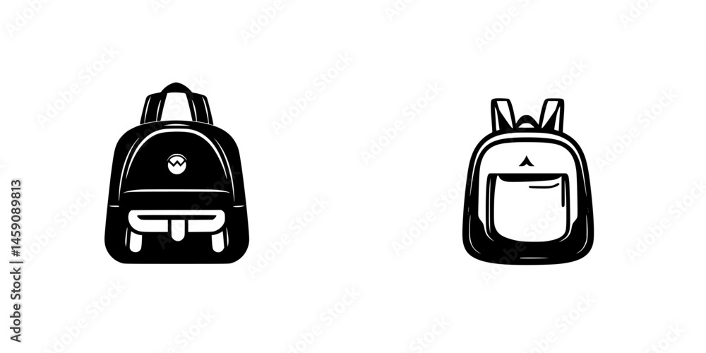 Poster flat black icon depicting two styles of backpacks in a minimalist design suitable for various applic