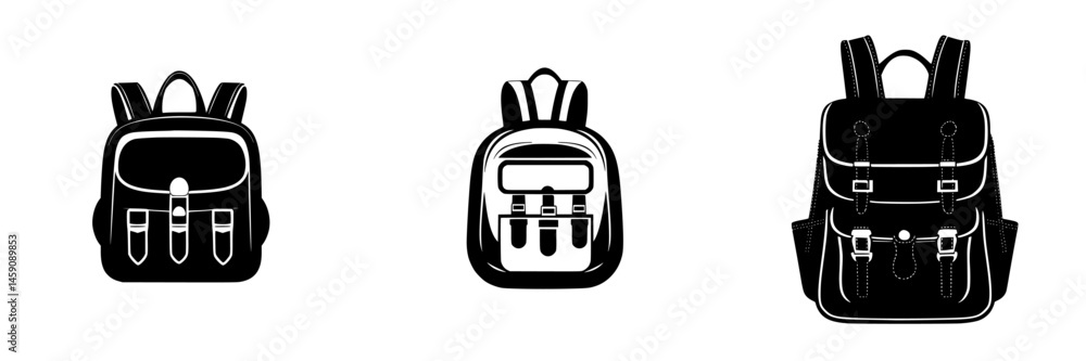 Poster flat black backpack icons representing different styles and designs for various uses and occasions