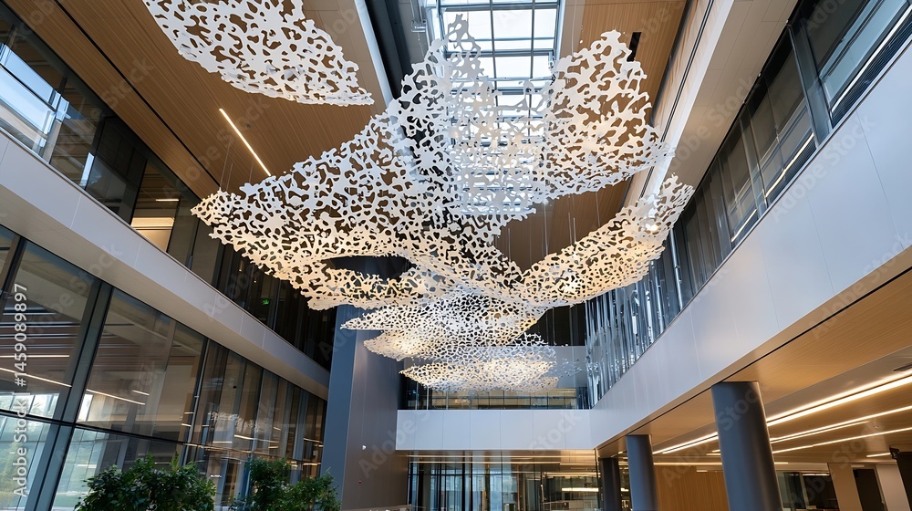 Poster modern white sculptural installation hangs in a contemporary building's atrium, creating a dramatic 