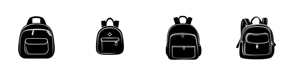 Collection of flat black backpack icons illustrating different styles and designs for educational or travel purposes
