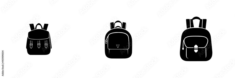 Poster collection of flat black backpack icons showcasing different styles and designs for use in various a