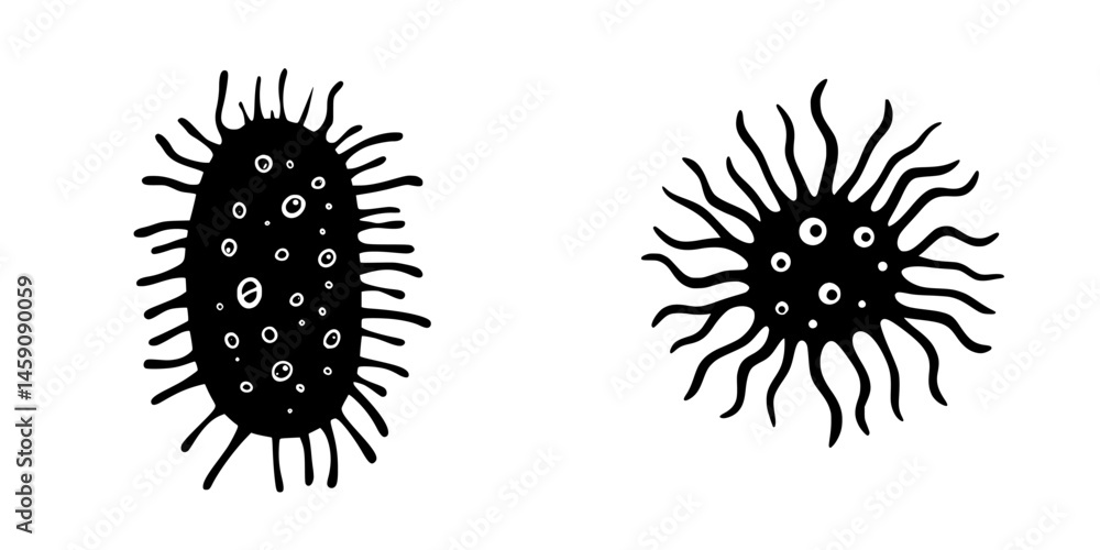 Poster black icons representing simple microorganisms with distinct shapes and features on a plain backgrou
