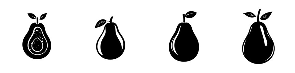 Black icon representations of avocados showcasing different stages of ripeness and cross-section for educational purposes