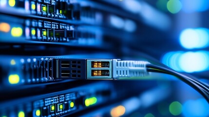 Close-up view of a fiber optic cable connecting to a server rack in a data center, showcasing illuminated ports and technological detail. : Generative AI