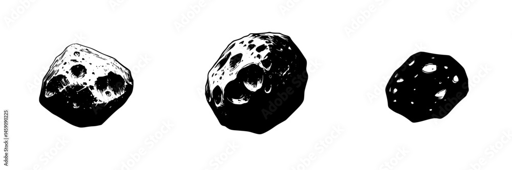 Poster detailed flat black icons of three distinct asteroid shapes showcasing variations in size and surfac
