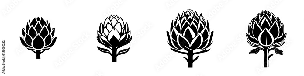 Poster various flat black icons of artichokes displaying different styles of design and detail for culinary