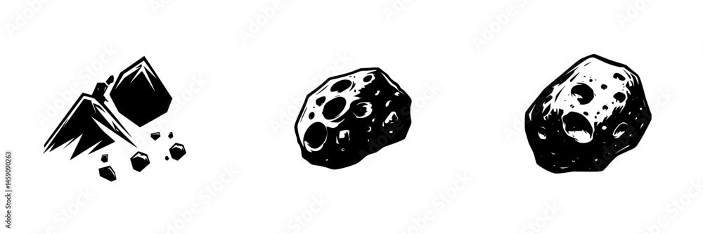 Poster black icons representing rocks and asteroids illustrating geological features and celestial bodies f