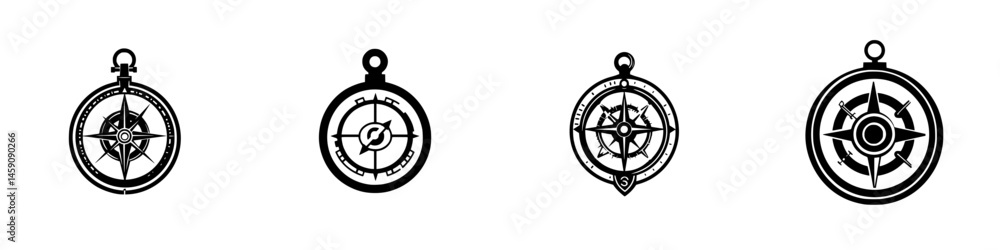 Aufkleber stylized flat black compass icons representing navigation and exploration themes for design and bran