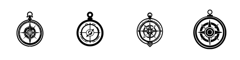 Fototapeta premium Stylized flat black compass icons representing navigation and exploration themes for design and branding purposes