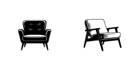Stylized flat black icon of two modern armchairs with different designs and textures displayed on a clean background