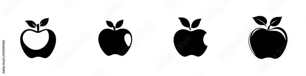Poster different variations of a flat black apple icon with leaves in a simple, minimalist design suitable 